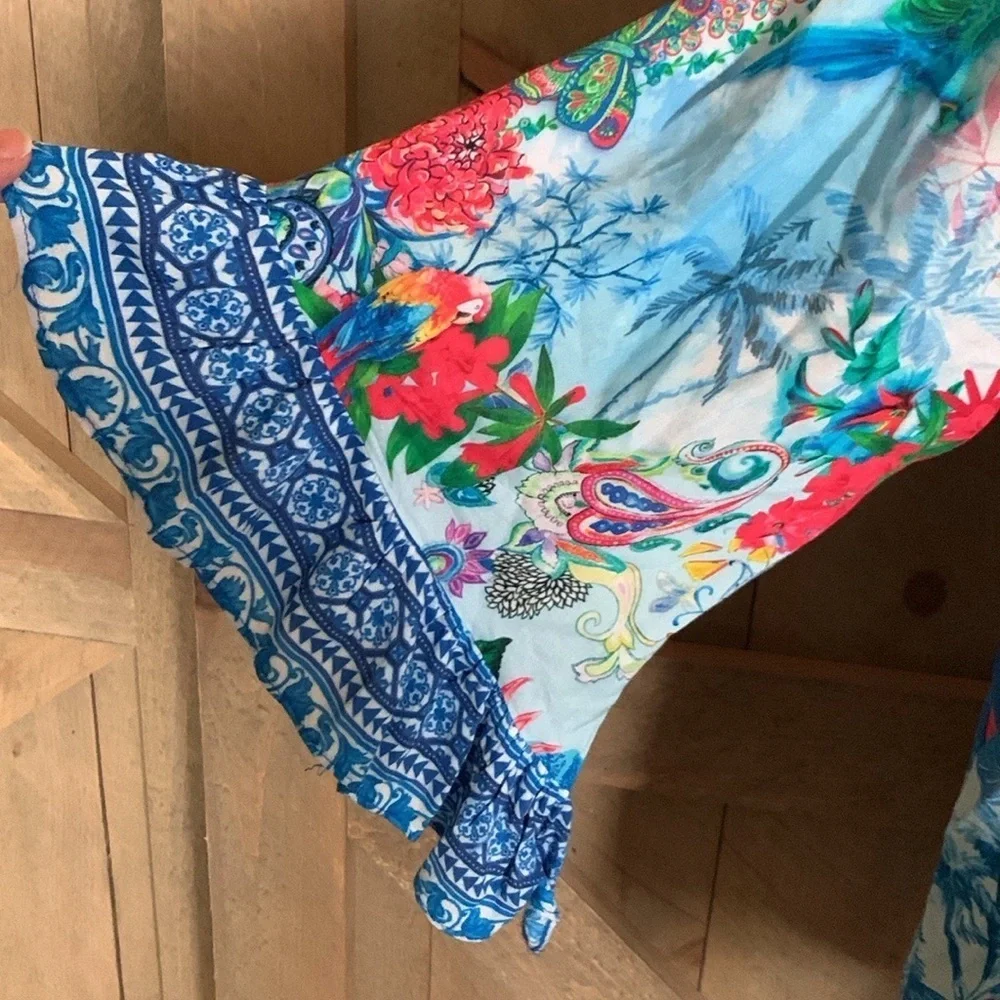 Lulalife colorful rayon blouse with tassel ties Size Small